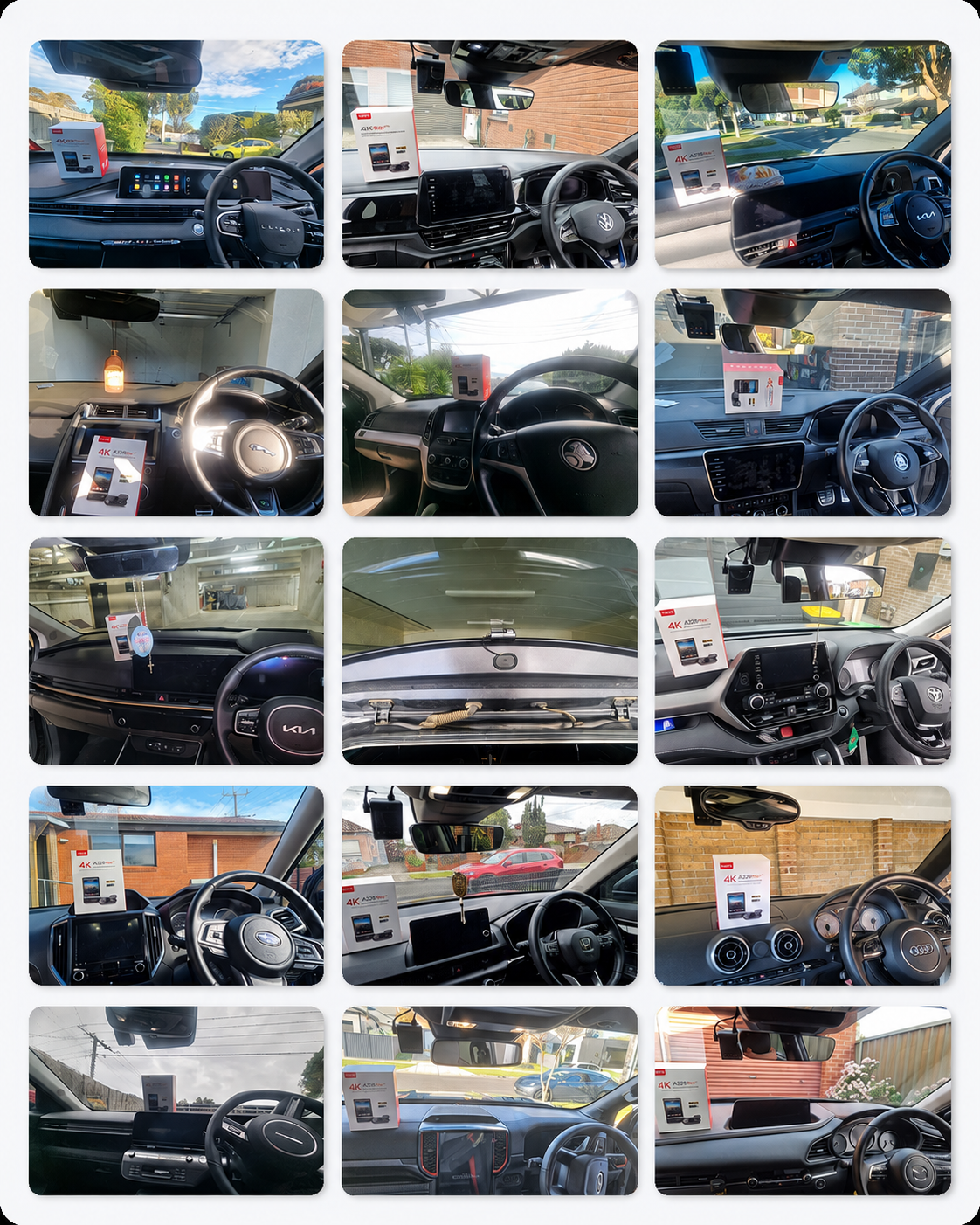Real VIOFO A229 Pro dash cam installations across Melbourne in Chery Volkswagen Kia Jaguar Holden Skoda Subaru Honda Audi and Mazda vehicles